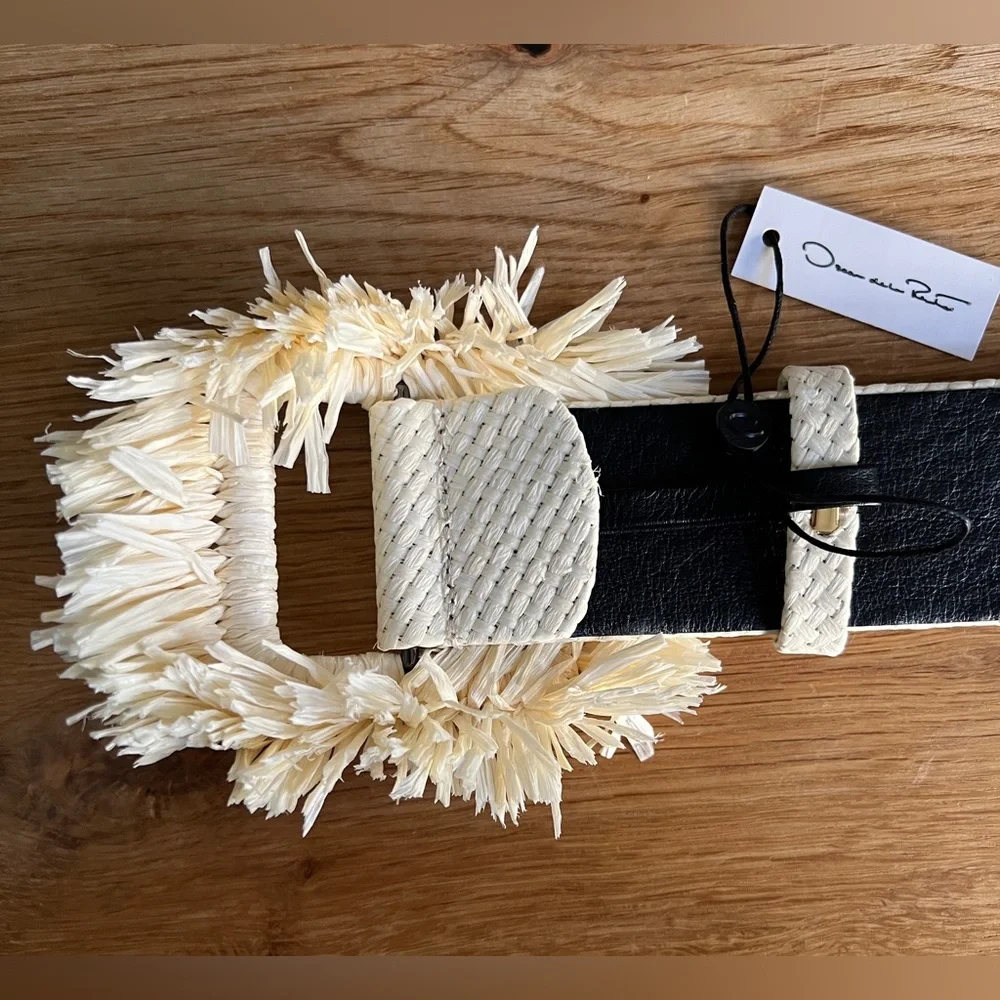 OSCAR DE LA RENTA WOVEN FRINGE TRIM BELT, IVORY, SIZE L, NWT.